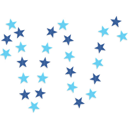 A string of blue & dark blue stars paper garland show with a white background. 