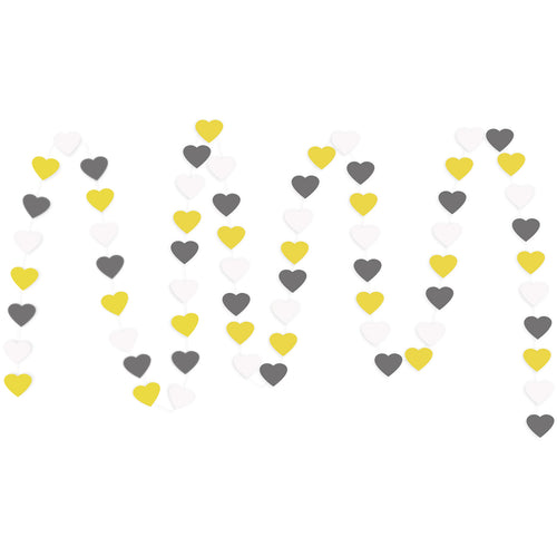 A string of Yellow, White, Gray Hearts Paper Garland show with a white background. 