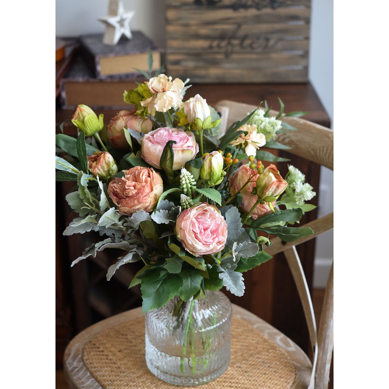 Blush Pink Nostalgic Sentimental Rustic Vintage Silk Peony Artificial Flower Bouquet 6 Stems