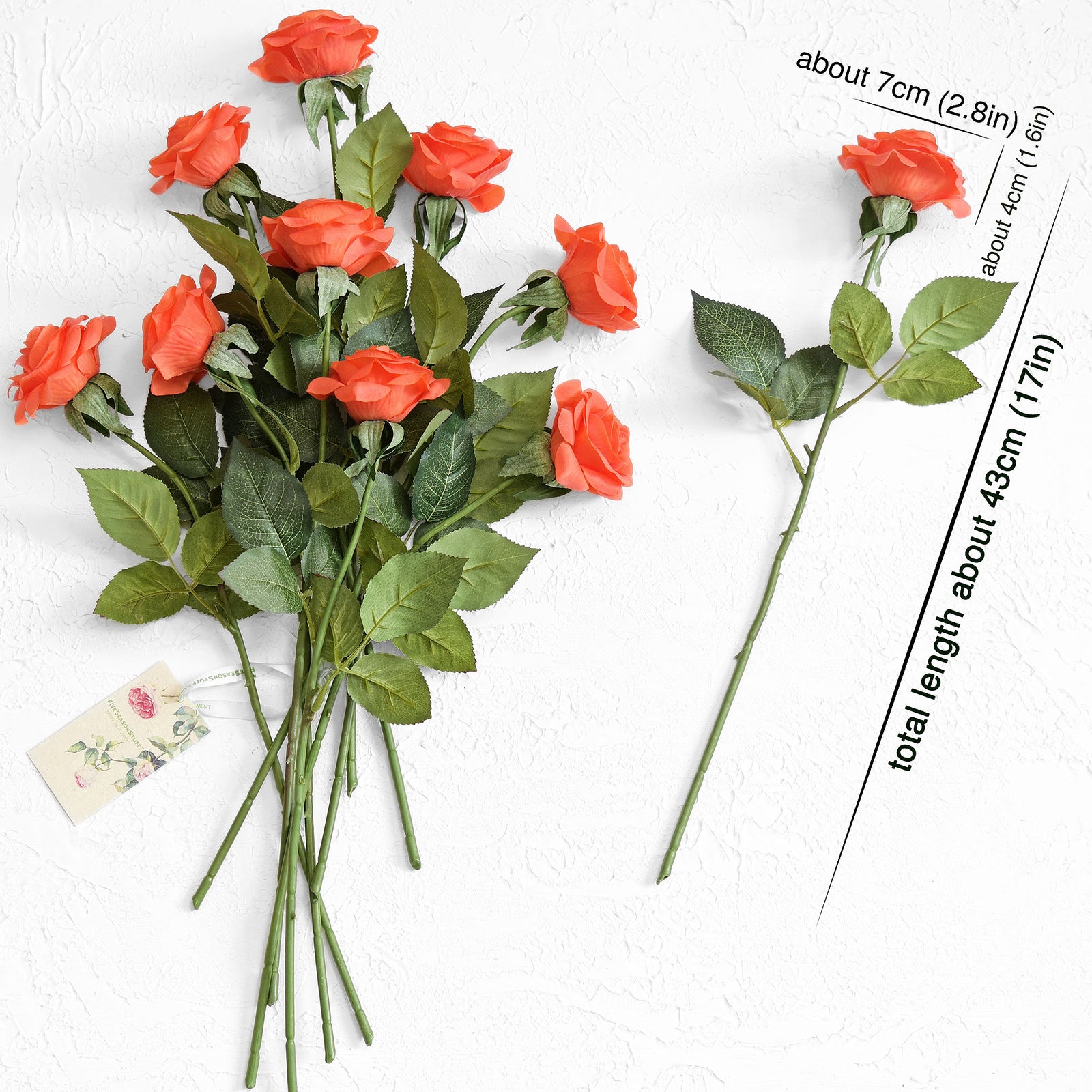 Sunset Orange Real Touch Roses Silk Artificial Flowers ‘Petals Feel and Look like Fresh Roses' (10 Stems)