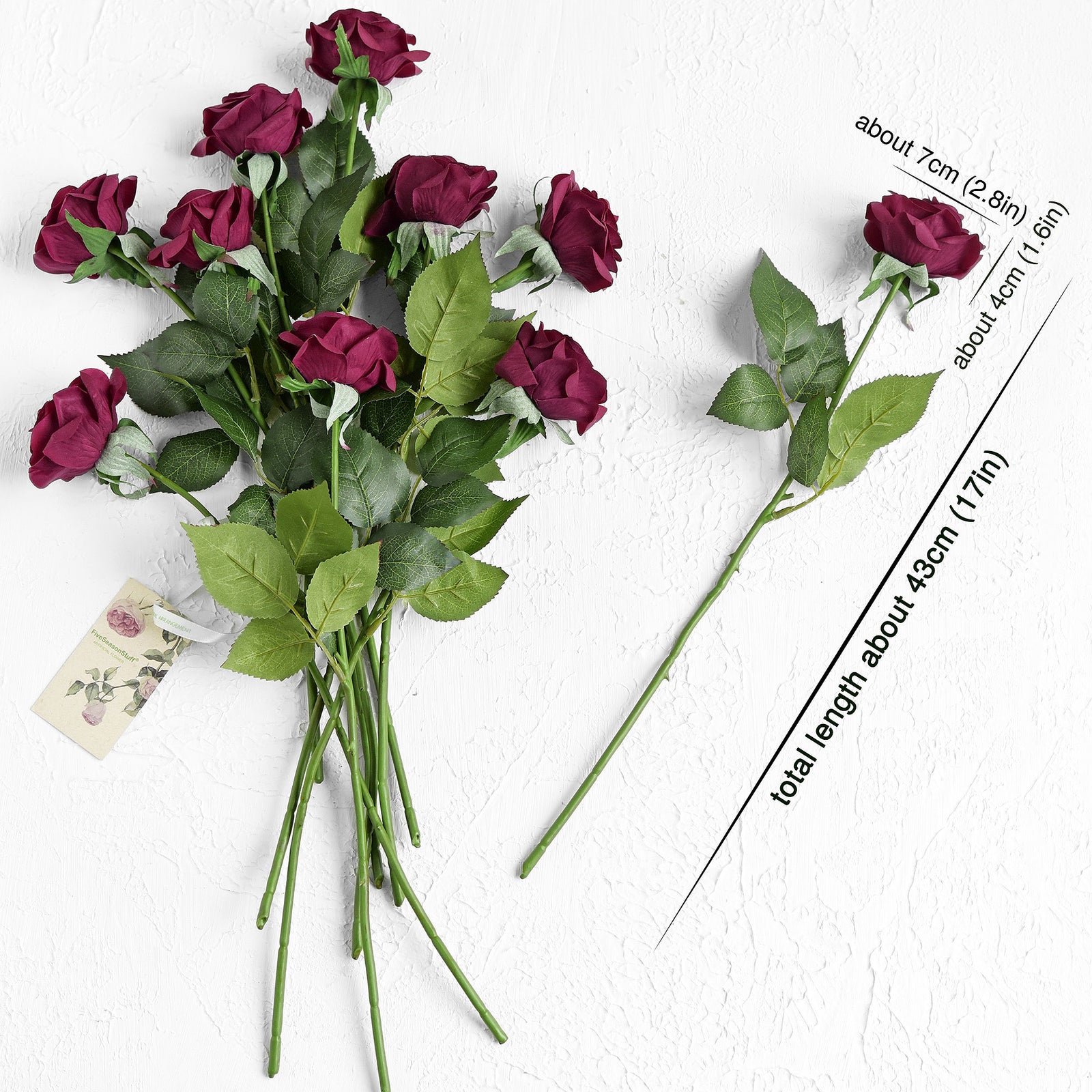 Dark Cranberry Red Real Touch Roses Artificial Silk Flowers10 Stems