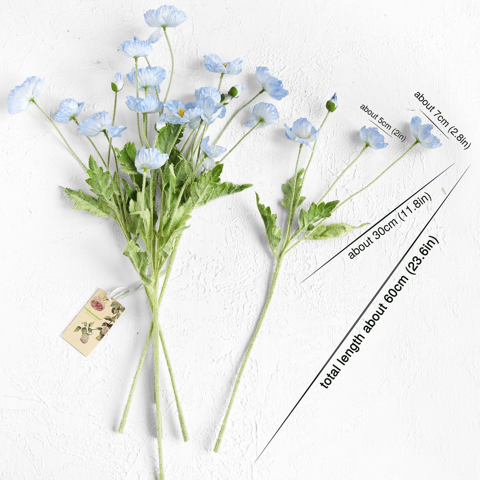 Antarctic Icy Blue Silk Poppies Artificial Flower Bouquet for Remembrance Home Wedding 6 Stems 23.6'' (60cm)
