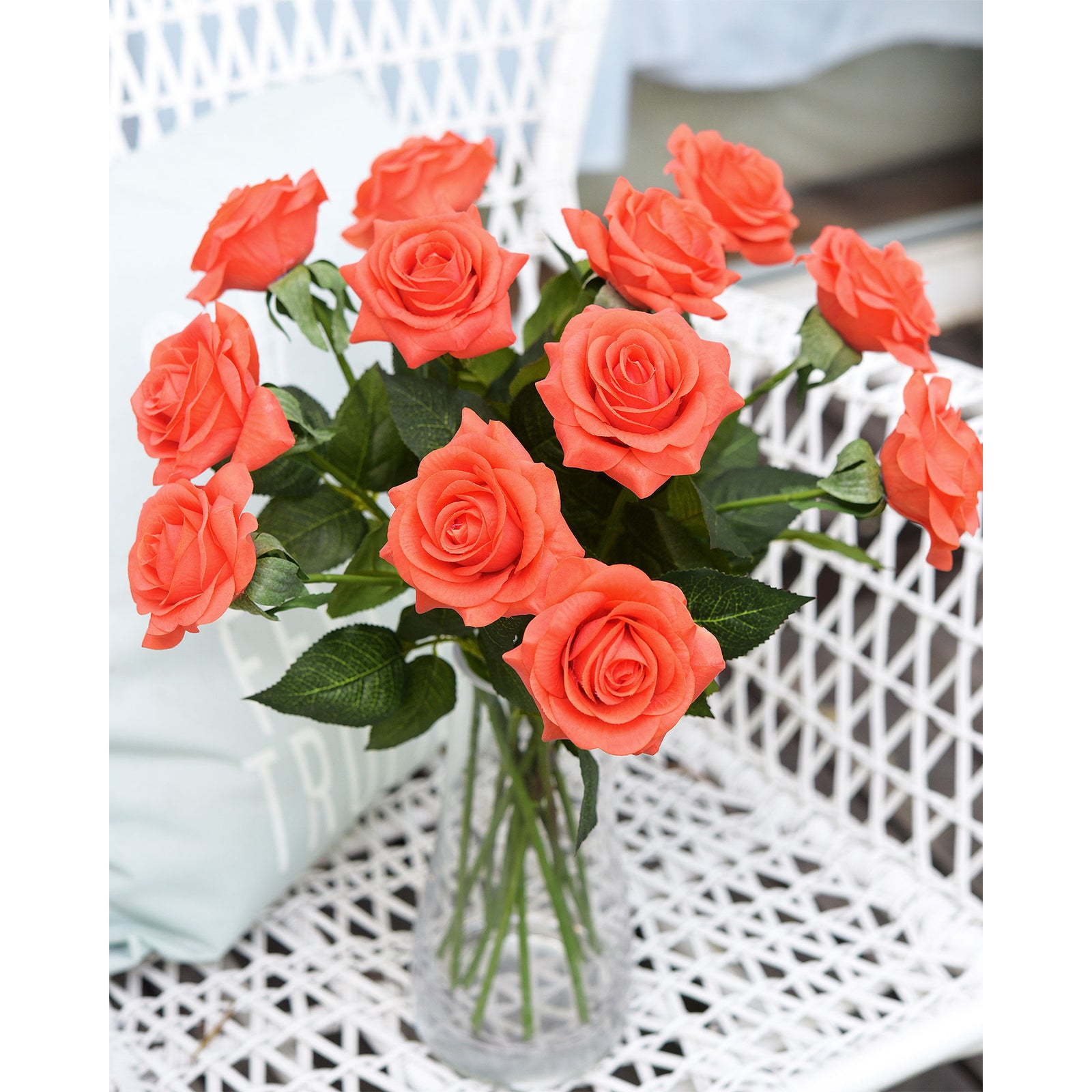 Sunset Orange Real Touch Roses Silk Artificial Flowers ‘Petals Feel and Look like Fresh Roses' (10 Stems)