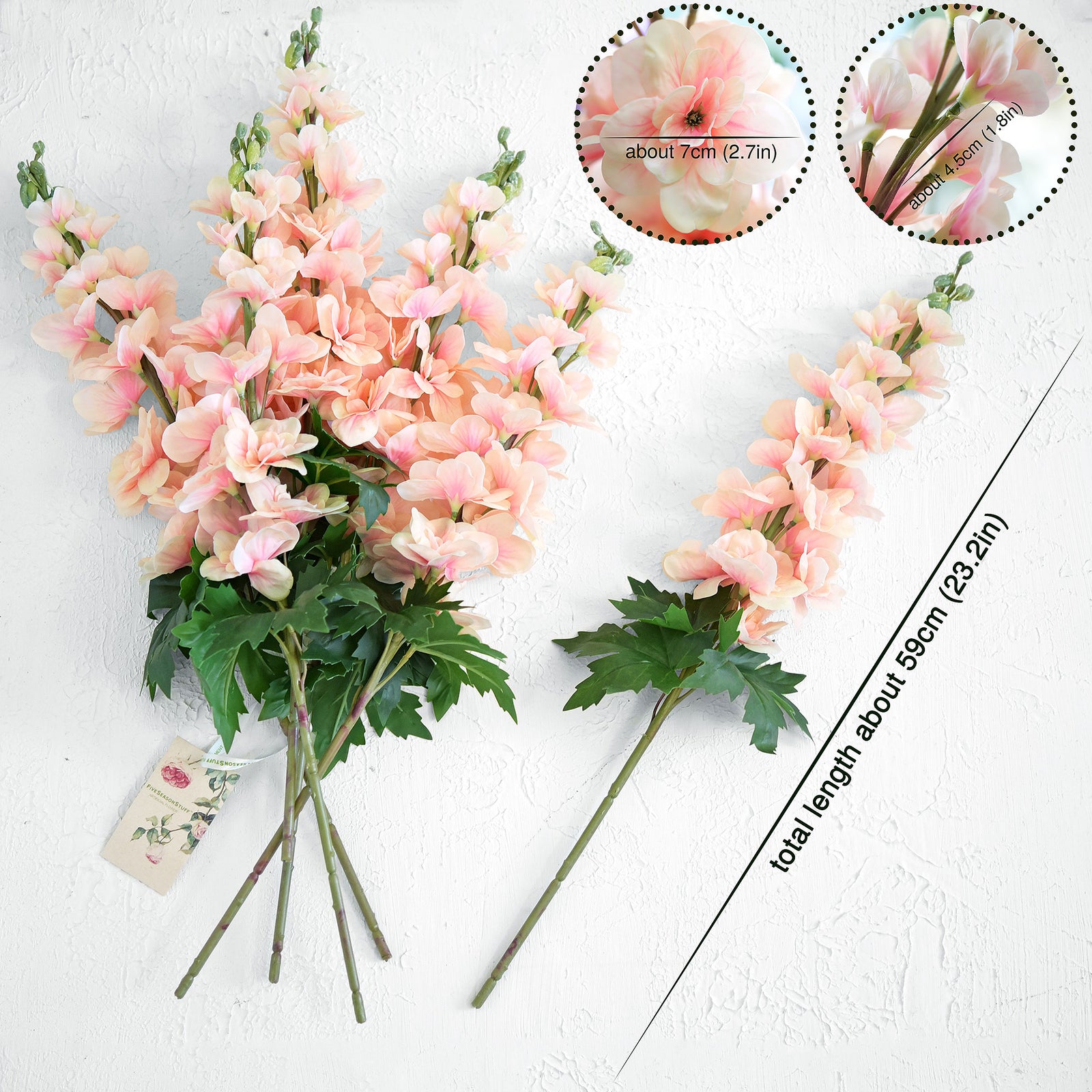 Real Touch Delphinium Peach Pink Artificial Flowers, Wildflower Arrangements 6 Stems
