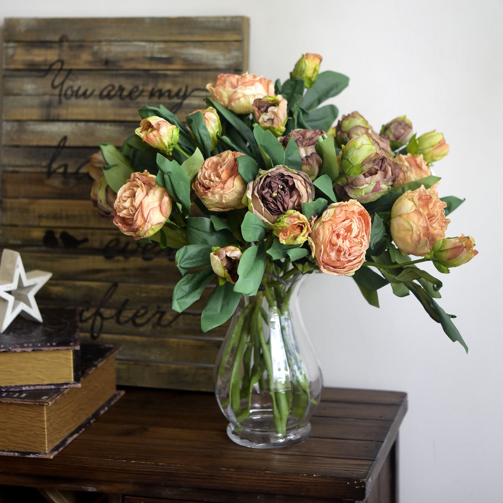 Walnut Brown Nostalgic Sentimental Rustic Vintage Antique Silk Peony Artificial Flower Bouquet 6 Stems