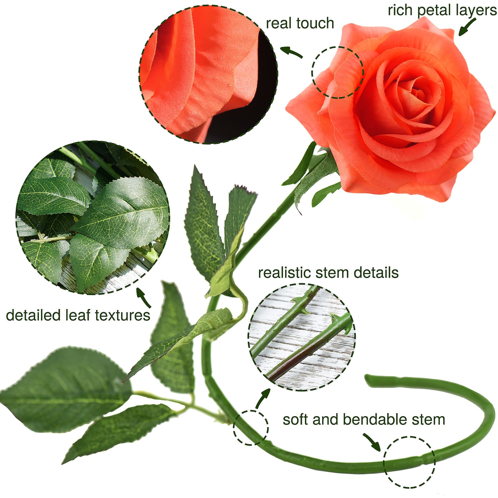 Sunset Orange Real Touch Roses Silk Artificial Flowers ‘Petals Feel and Look like Fresh Roses' (10 Stems)