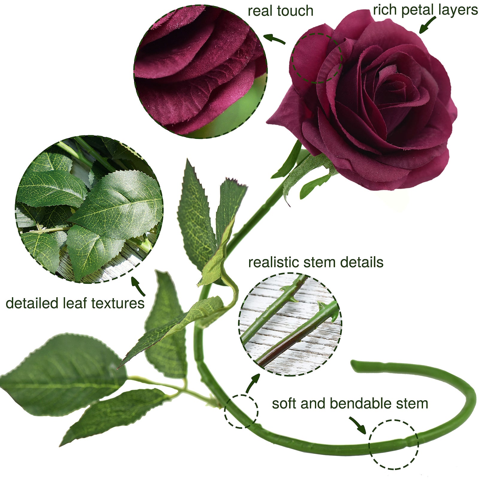 Dark Cranberry Red Real Touch Roses Artificial Silk Flowers10 Stems