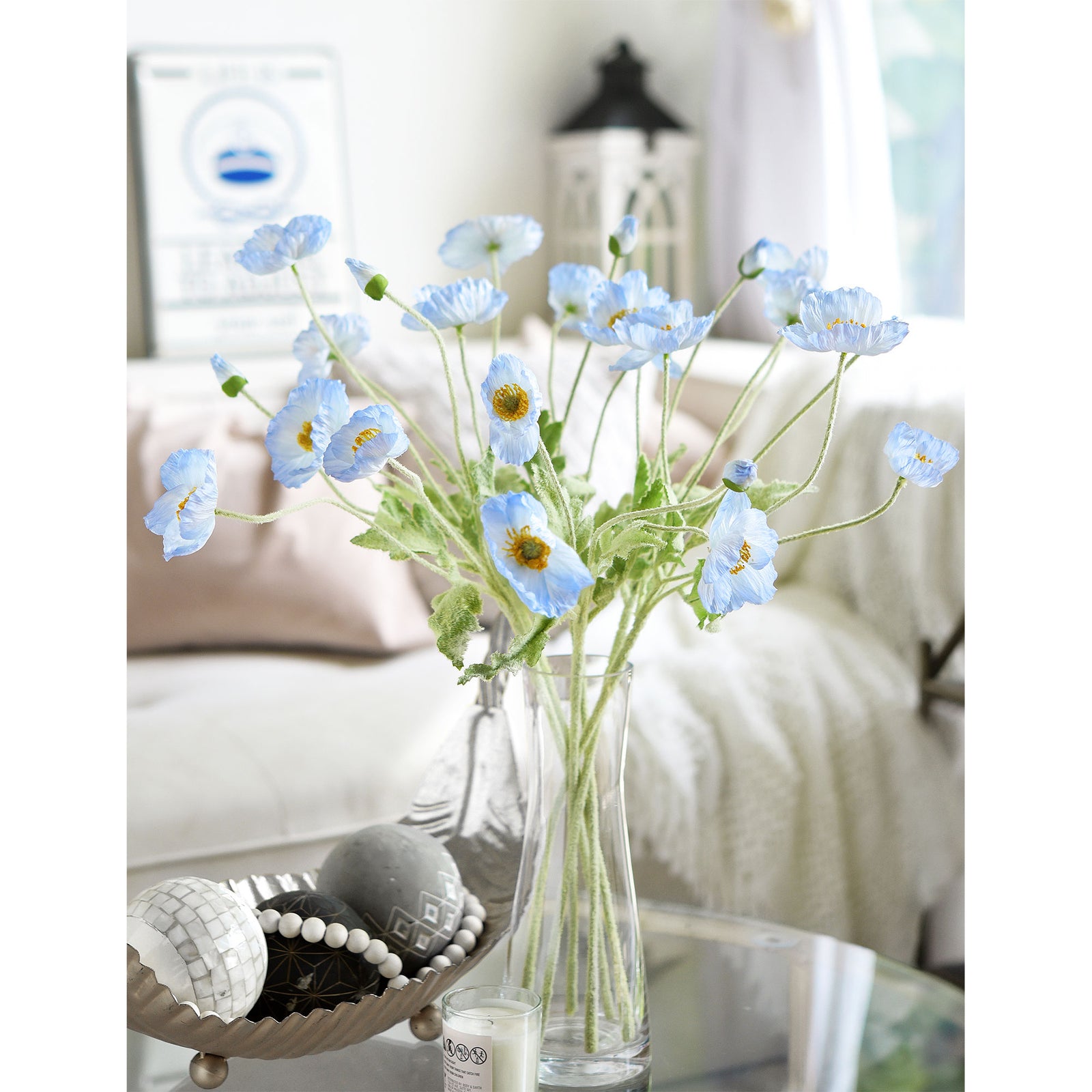 Antarctic Icy Blue Silk Poppies Artificial Flower Bouquet for Remembrance Home Wedding 6 Stems 23.6'' (60cm)