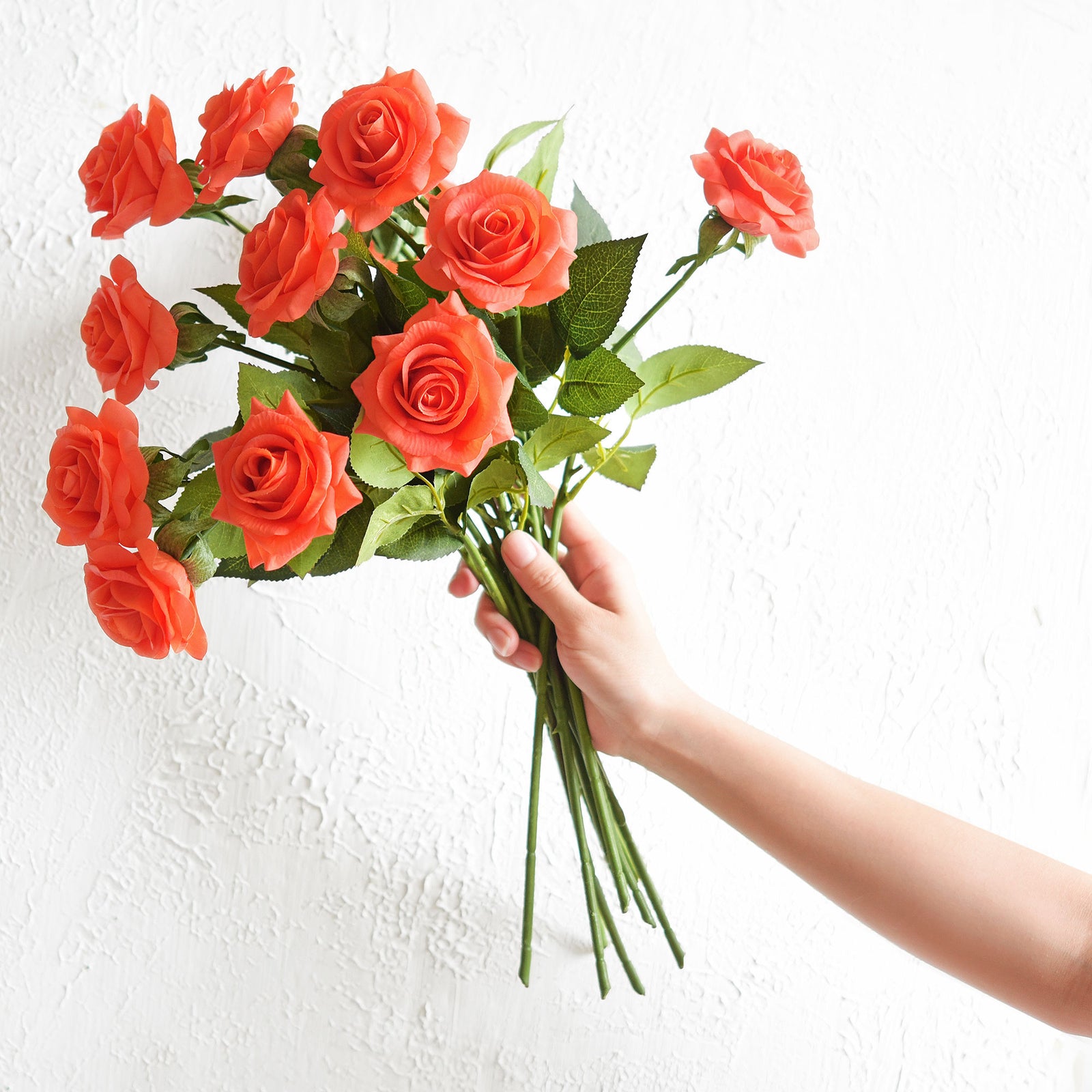 Sunset Orange Real Touch Roses Silk Artificial Flowers ‘Petals Feel and Look like Fresh Roses' (10 Stems)