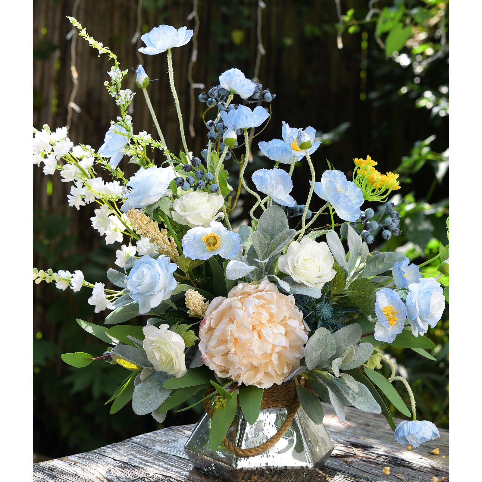 Antarctic Icy Blue Silk Poppies Artificial Flower Bouquet for Remembrance Home Wedding 6 Stems 23.6'' (60cm)