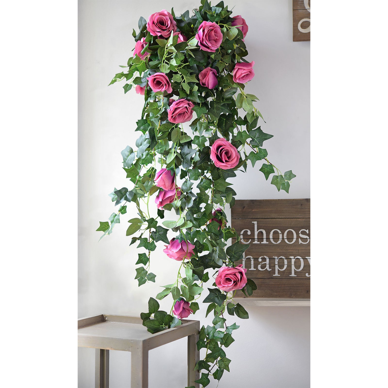 2 Pcs Raspberry Pink Artificial Silk Rose Garland Vine Plant Flower Leaves