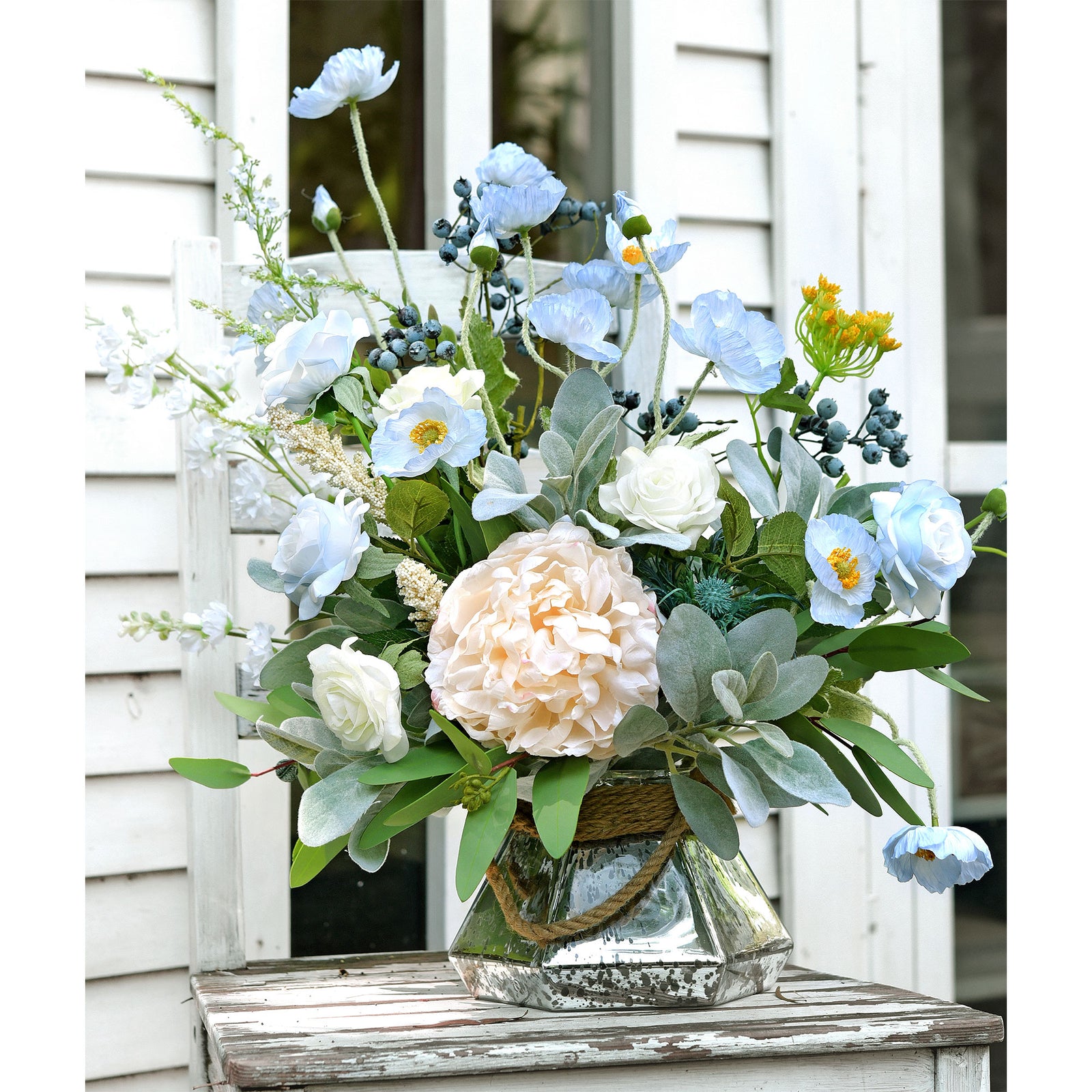 Antarctic Icy Blue Silk Poppies Artificial Flower Bouquet for Remembrance Home Wedding 6 Stems 23.6'' (60cm)