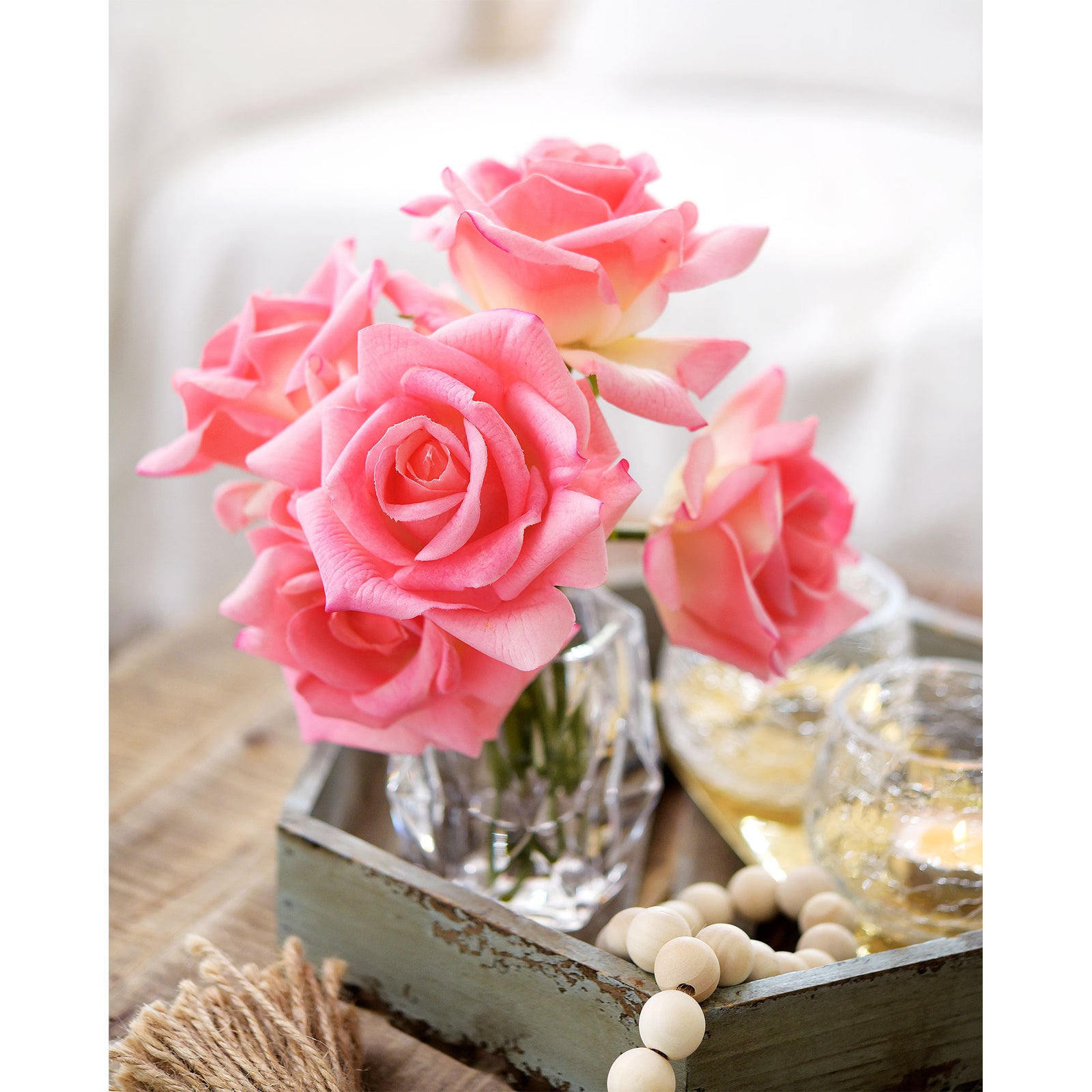 FiveSeasonStuff Watermelon Pink Real Touch Garden Rose Artificial Flowers Wedding, Bridal, Home Décor 5 Stems 9.8"