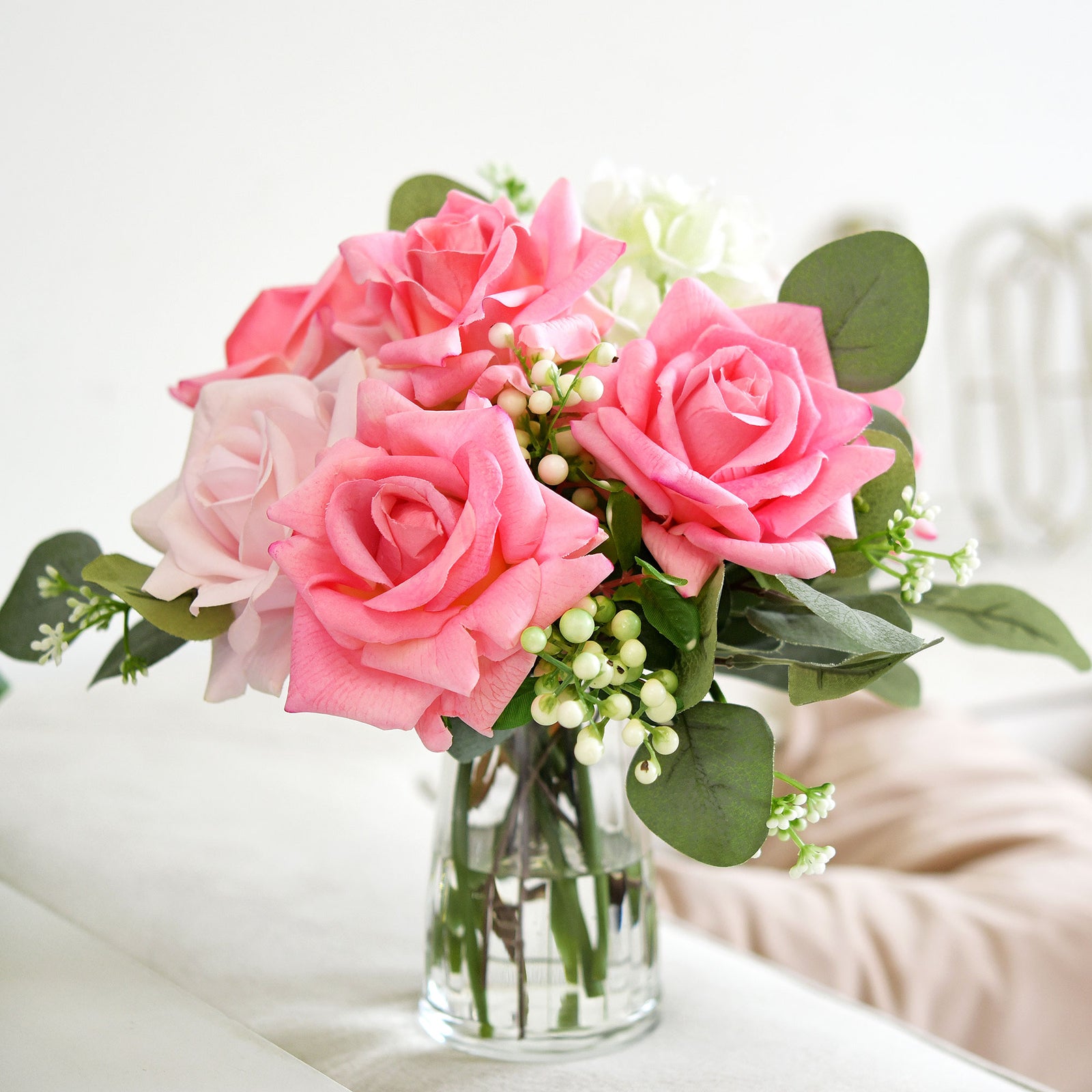 FiveSeasonStuff Watermelon Pink Real Touch Garden Rose Artificial Flowers Wedding, Bridal, Home Décor 5 Stems 9.8"