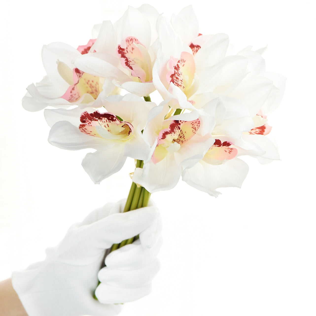 12 Stems Artificial Real Touch White Cymbidium Flowers & Bouquet 9.1 Inches (23cm)