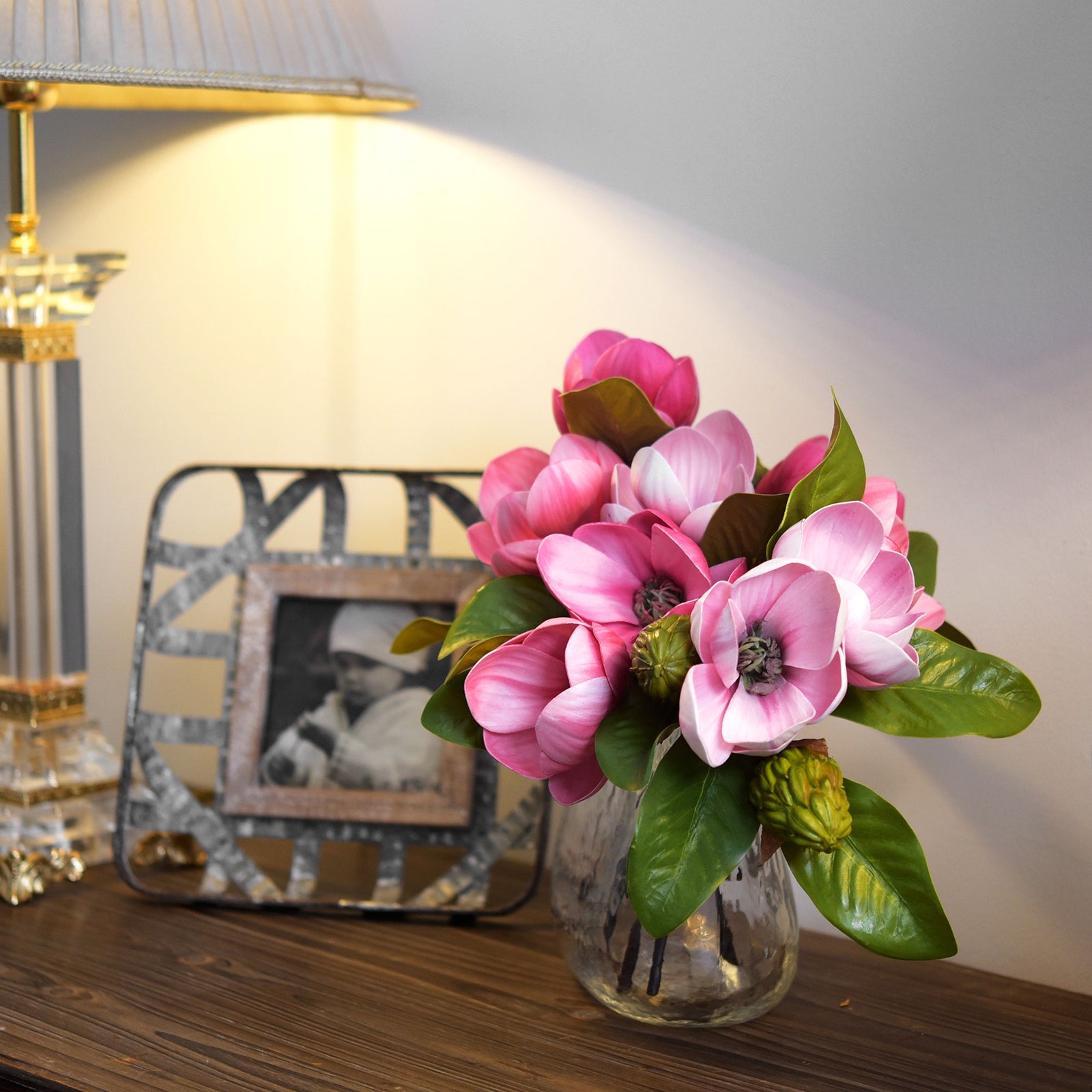 FiveSeasonStuff Dusty Pink Magnolia Artificial Flowers Arrangement with 4 Stems, Wedding Bridesmaids Bouquet Home Decor