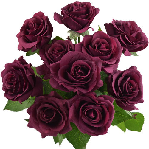 Dark Cranberry Red Real Touch Roses Artificial Silk Flowers10 Stems