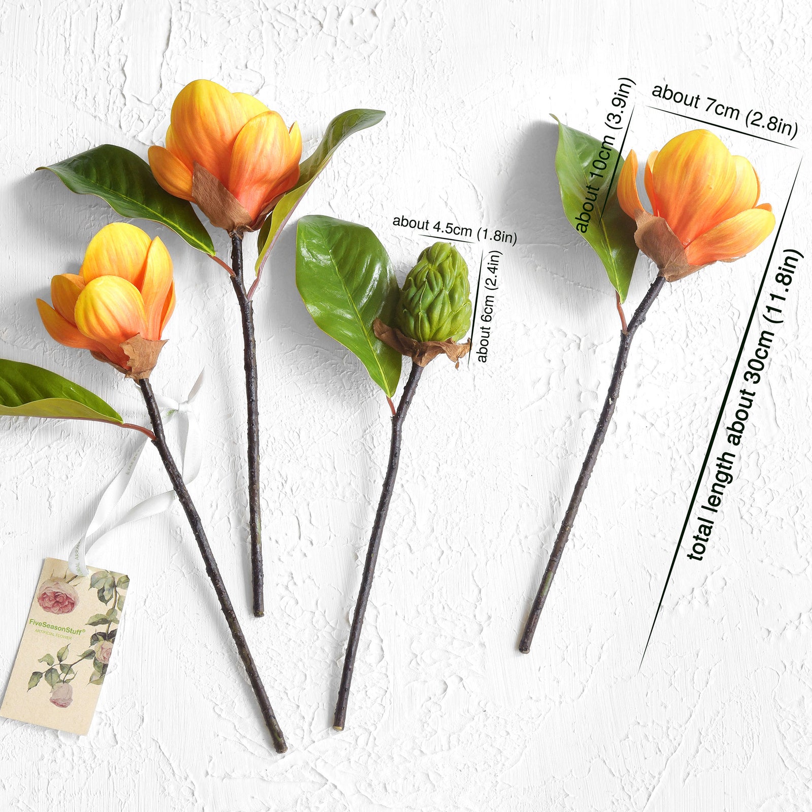 FiveSeasonStuff Friendship Orange Magnolia Artificial Flowers Arrangement with 4 Stems, Wedding Bridesmaids Bouquet Home Decor