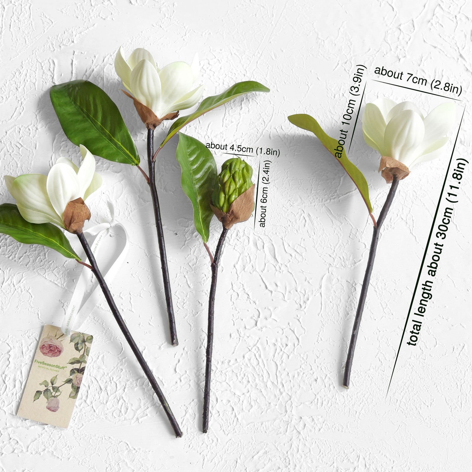 FiveSeasonStuff Purity White Magnolia Artificial Flowers Arrangement with 4 Stems, Wedding Bridesmaids Bouquet Bridal Showers Home Decor