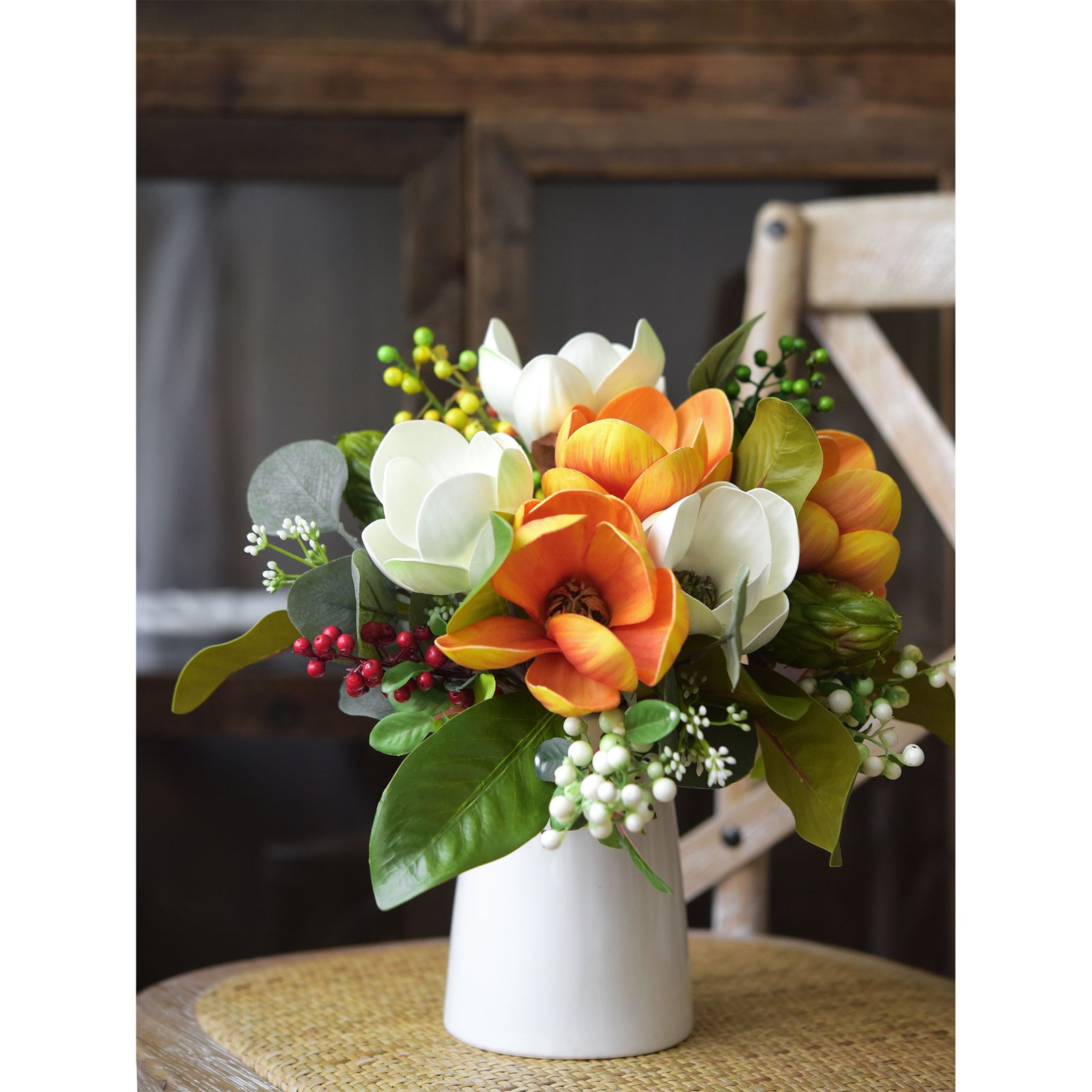 FiveSeasonStuff Friendship Orange Magnolia Artificial Flowers Arrangement with 4 Stems, Wedding Bridesmaids Bouquet Home Decor