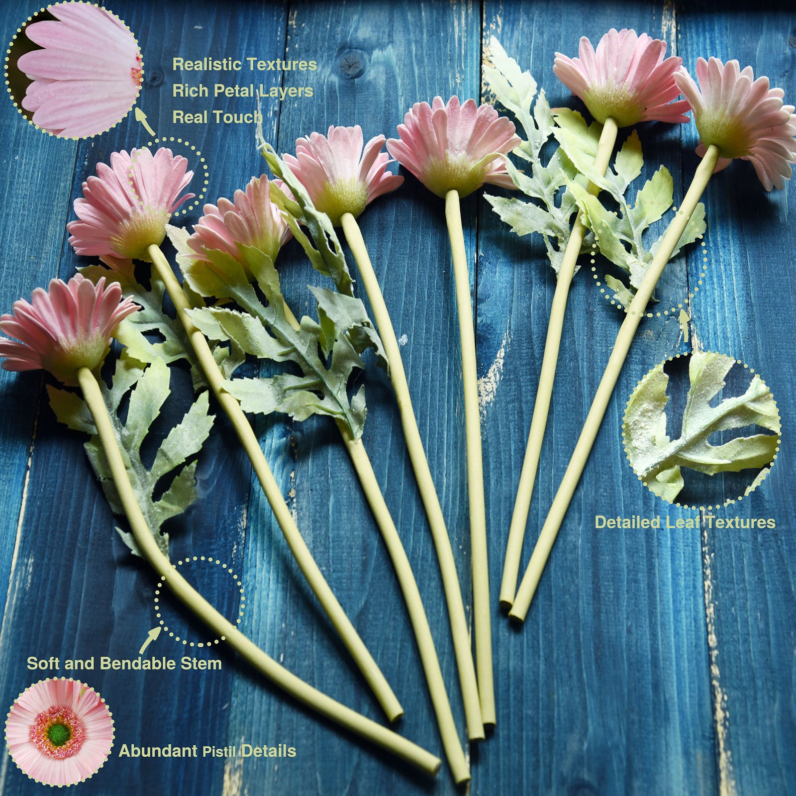 Real Touch Gerbera Flower Stems, Set of 7, 12.2 Inch – 8 Colors