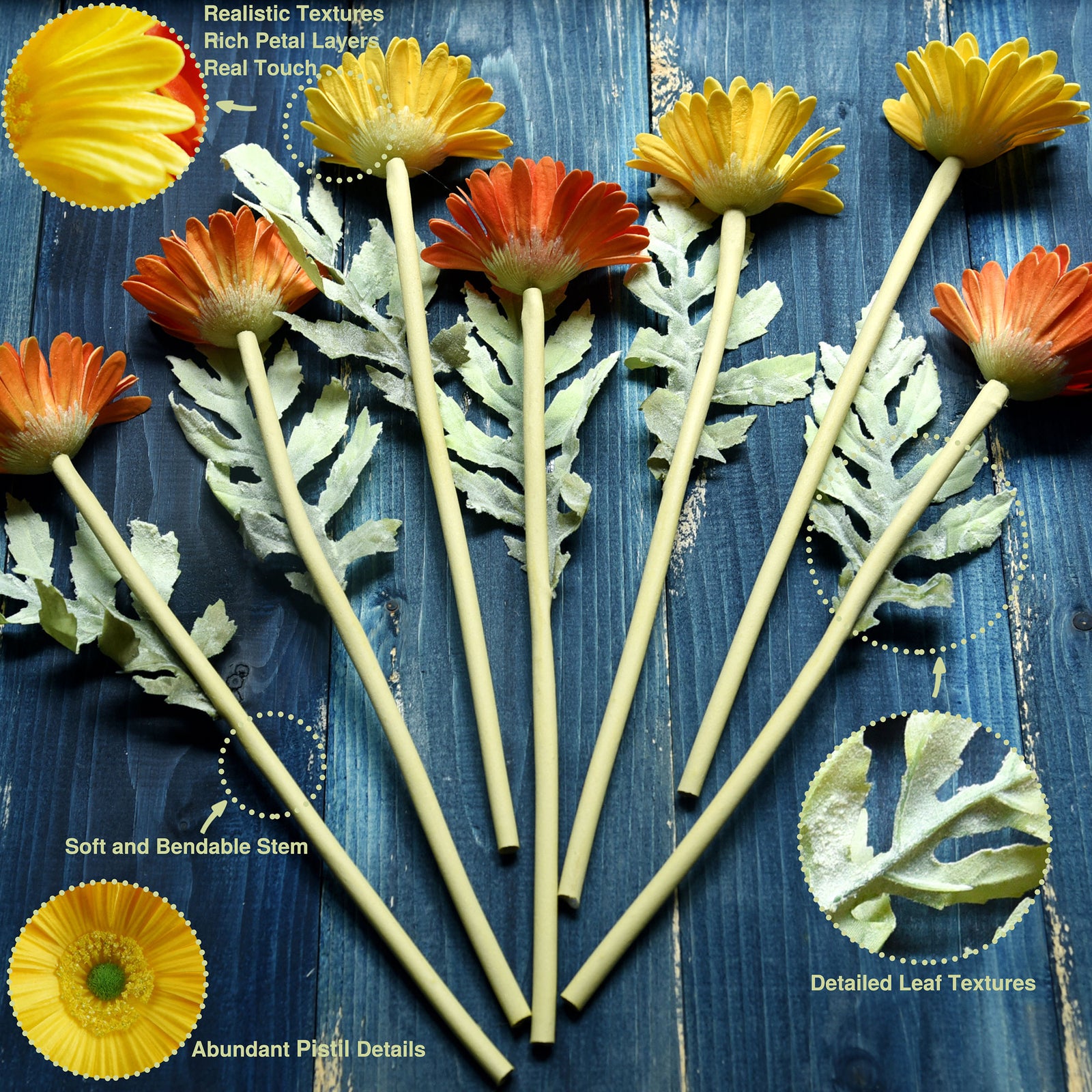 Real Touch Gerbera Flower Stems, Set of 7, 12.2 Inch – 8 Colors