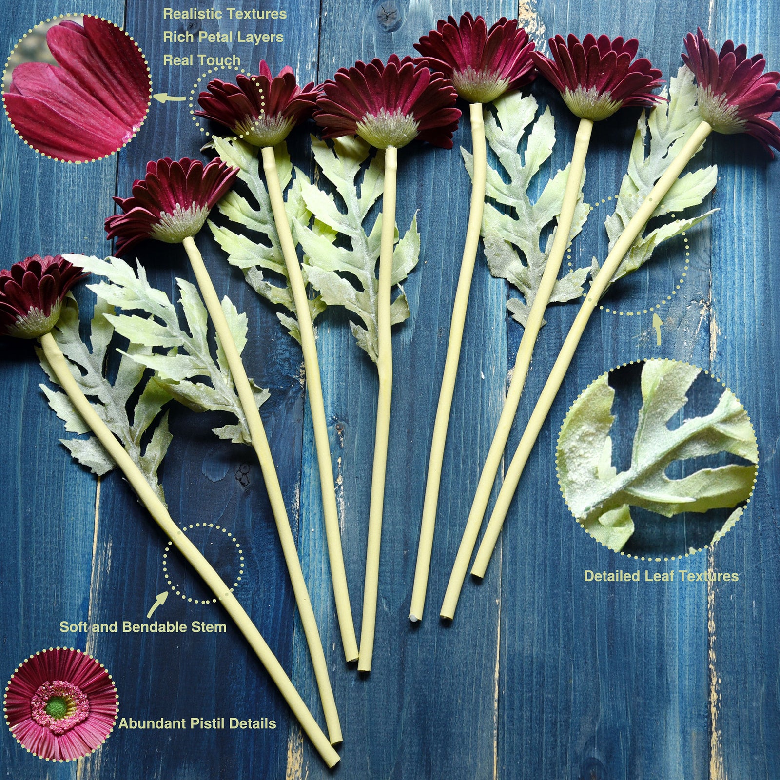 Real Touch Gerbera Flower Stems, Set of 7, 12.2 Inch – 8 Colors