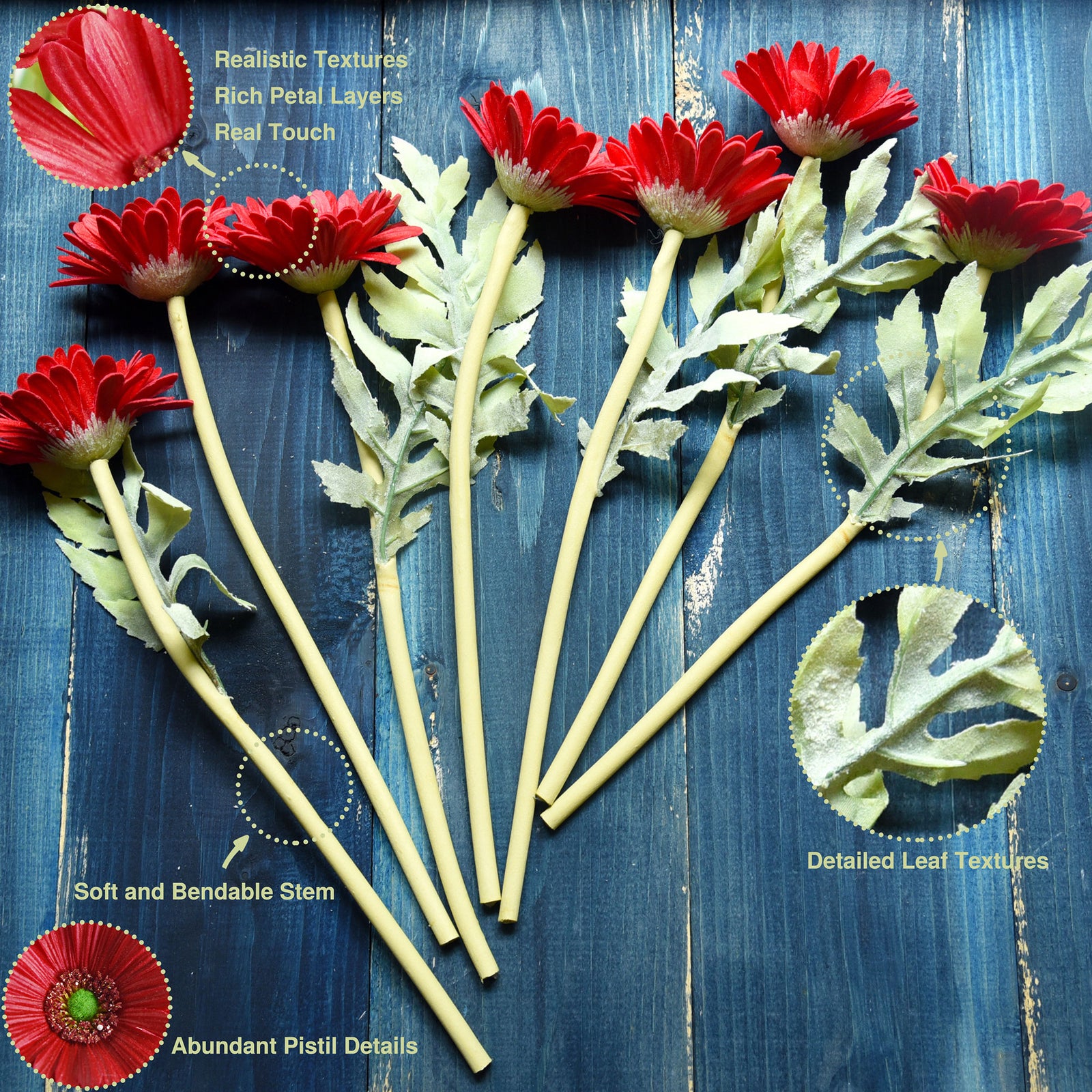 Real Touch Gerbera Flower Stems, Set of 7, 12.2 Inch – 8 Colors