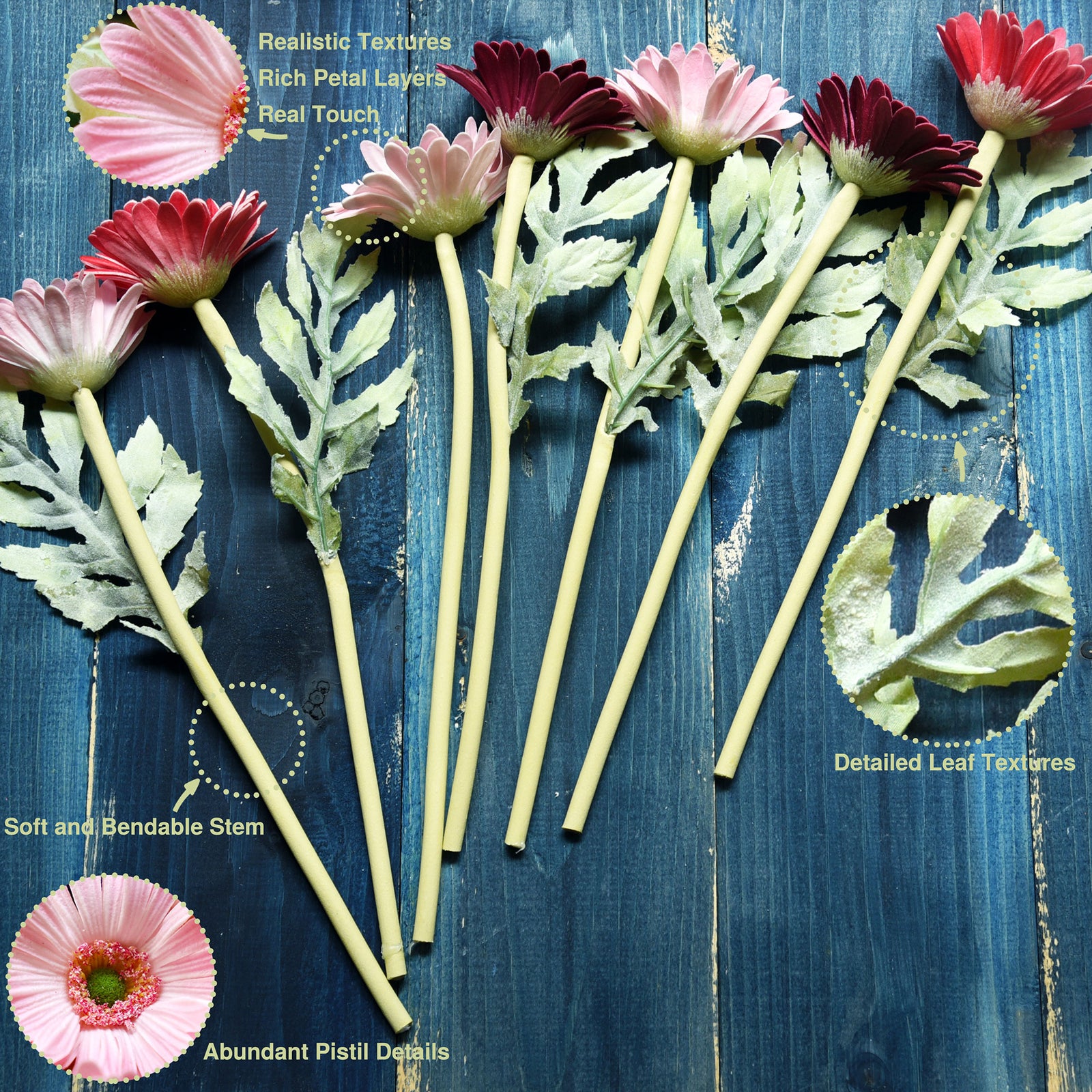 Real Touch Gerbera Flower Stems, Set of 7, 12.2 Inch – 8 Colors
