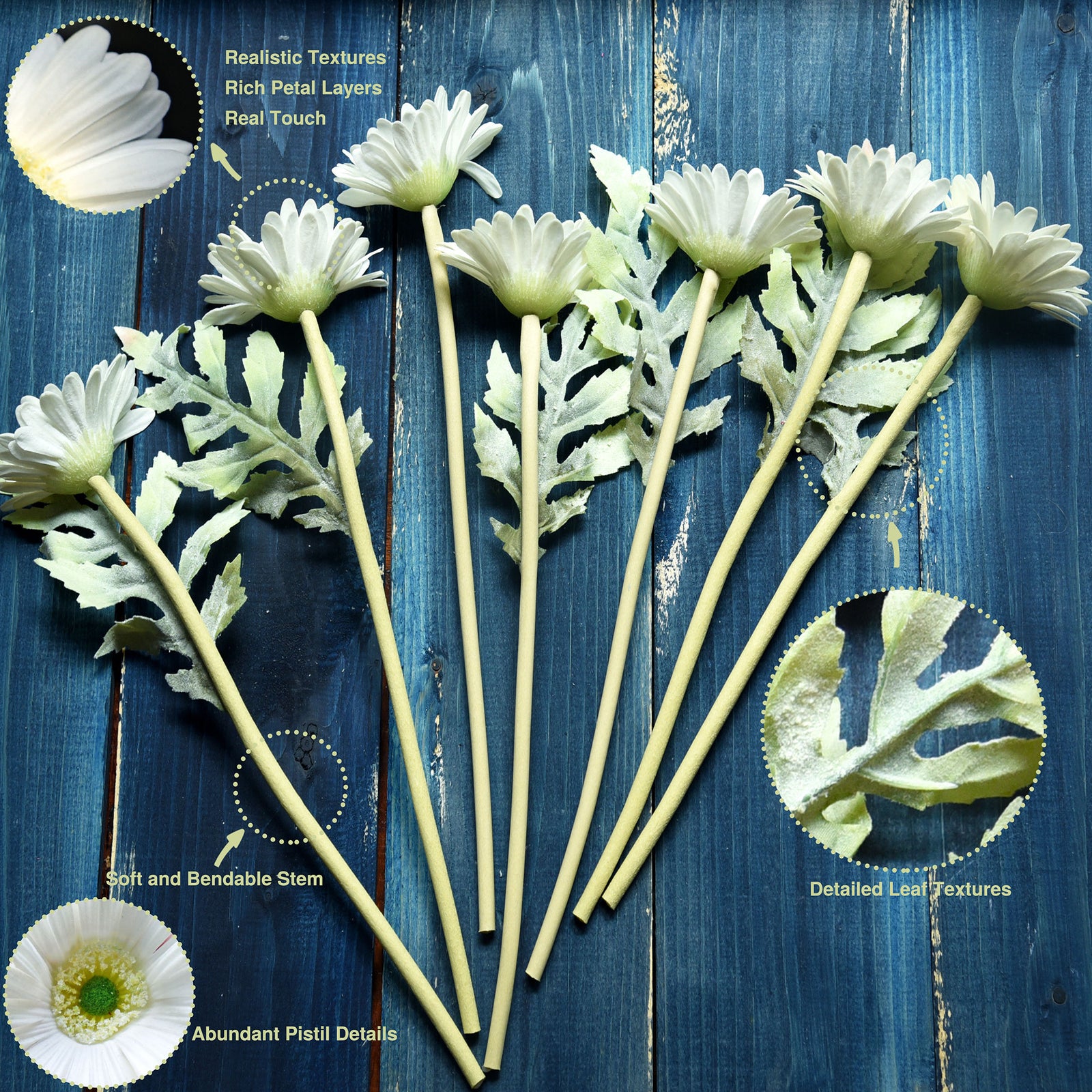 Real Touch Gerbera Flower Stems, Set of 7, 12.2 Inch – 8 Colors