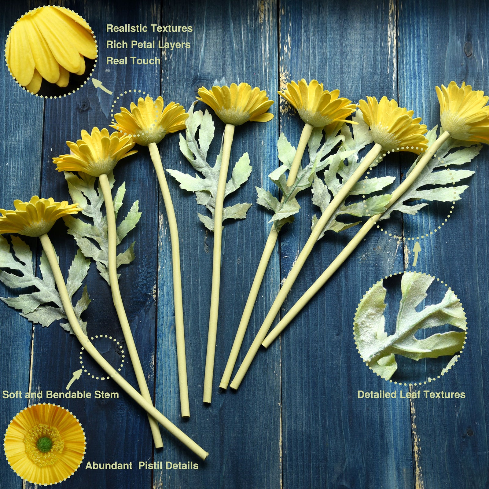 Real Touch Gerbera Flower Stems, Set of 7, 12.2 Inch – 8 Colors