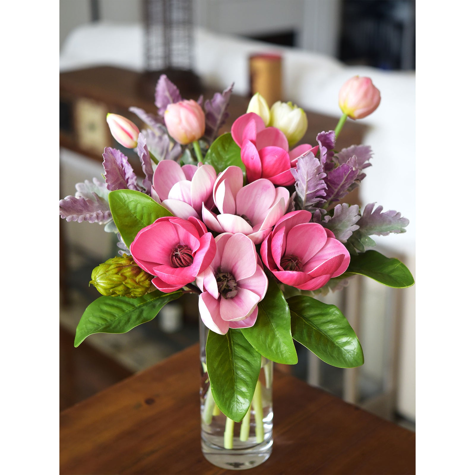 FiveSeasonStuff Dusty Pink Magnolia Artificial Flowers Arrangement with 4 Stems, Wedding Bridesmaids Bouquet Home Decor