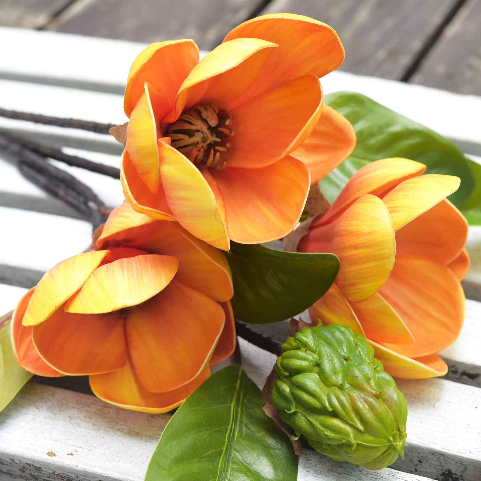 FiveSeasonStuff Friendship Orange Magnolia Artificial Flowers Arrangement with 4 Stems, Wedding Bridesmaids Bouquet Home Decor