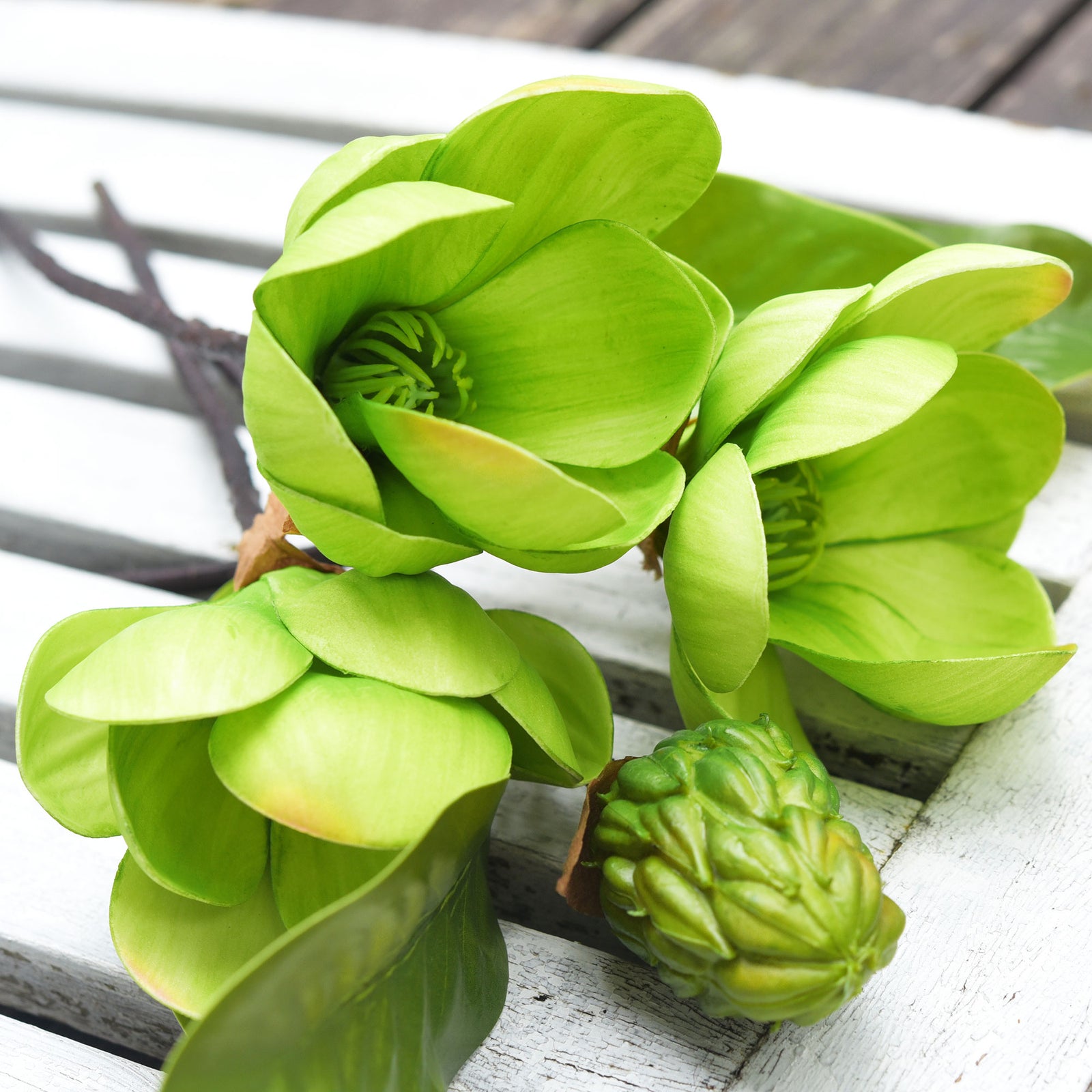 FiveSeasonStuff Noble Green Magnolia Artificial Flowers Arrangement with 4 Stems, Wedding Bridesmaids Bouquet Bridal Showers Home Decor