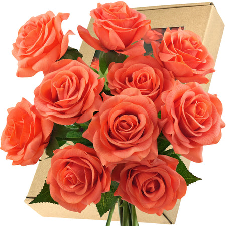 Sunset Orange Real Touch Roses Silk Artificial Flowers ‘Petals Feel and Look like Fresh Roses' (10 Stems)