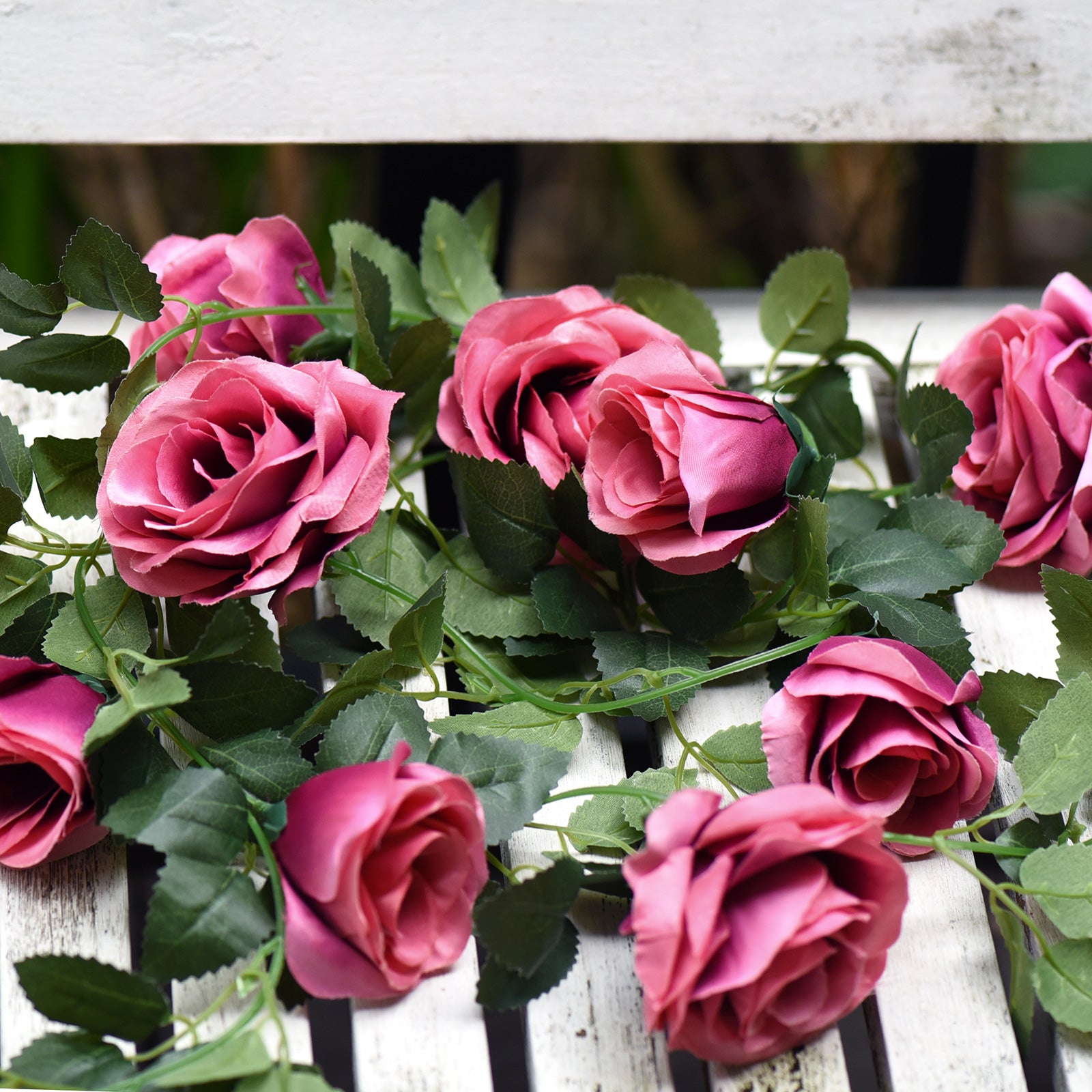 2 Pcs Raspberry Pink Artificial Silk Rose Garland Vine Plant Flower Leaves