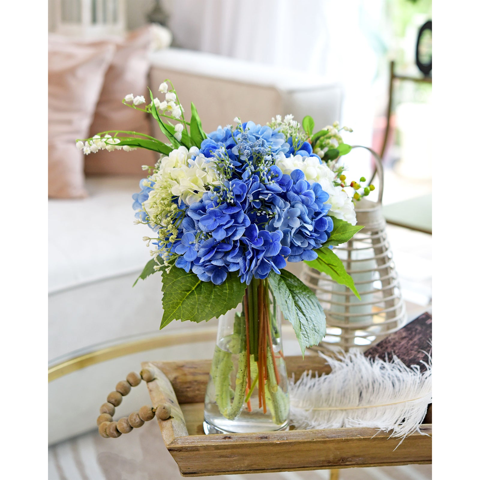 FiveSeasonStuff 2 Stems Real Touch Petals and Leaves Artificial Hydrangea Flowers Long Stem Floral Arrangement | for Wedding Bridal Party Home Décor DIY Floral Decoration (Blue Ocean)