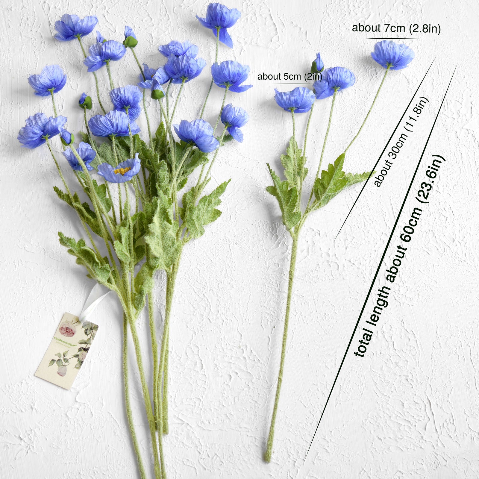 Ocean Blue Silk Poppies Artificial Flower Bouquet for Remembrance Home Wedding 6 Stems 23.6'' (60cm)