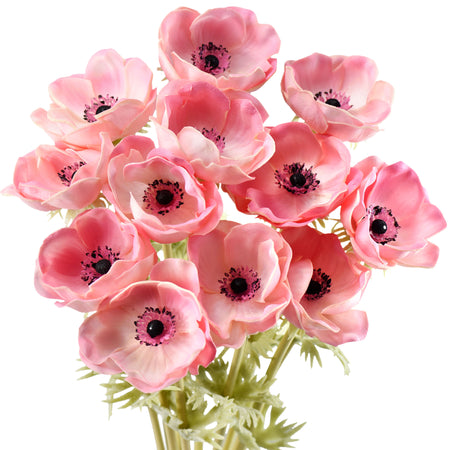 12 Long Stems of ‘Real Touch’ Artificial (Pink) Anemone Flowers, Wedding Bouquet Flower Arrangement, 45cm (17.7 inches)