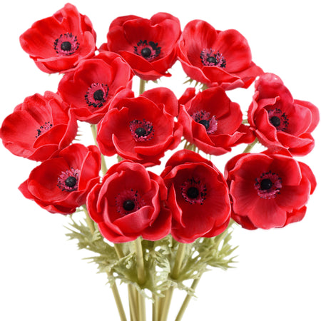 12 Long Stems of ‘Real Touch’ Artificial (Red) Anemone Flowers, Wedding Bouquet Flower Arrangement, 45cm (17.7 inches)