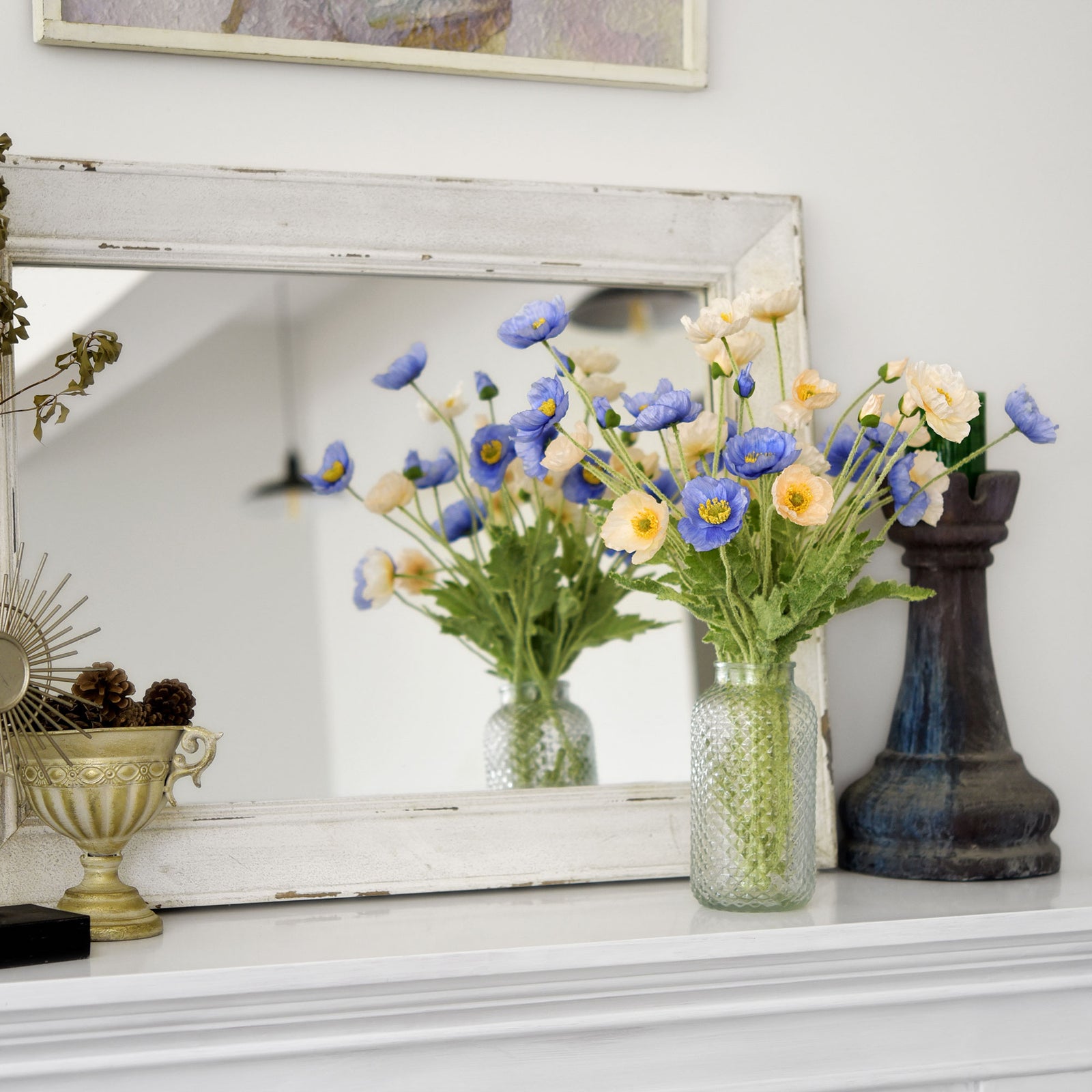 Ocean Blue Silk Poppies Artificial Flower Bouquet for Remembrance Home Wedding 6 Stems 23.6'' (60cm)