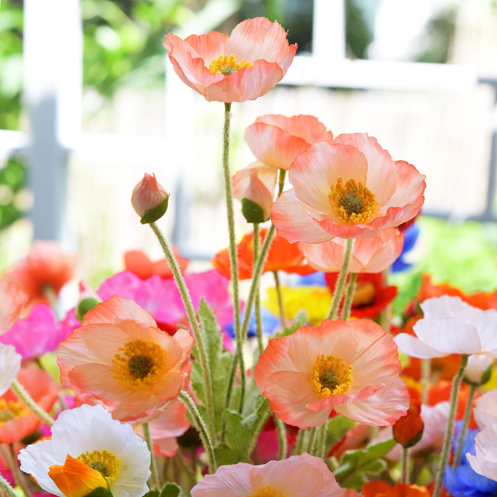 Peachy Pink Silk Poppies Artificial Flower Bouquet for Remembrance Home Wedding 6 Stems 23.6'' (60cm)