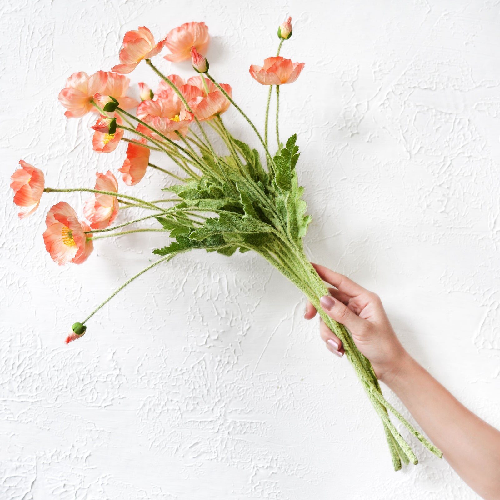 Peachy Pink Silk Poppies Artificial Flower Bouquet for Remembrance Home Wedding 6 Stems 23.6'' (60cm)