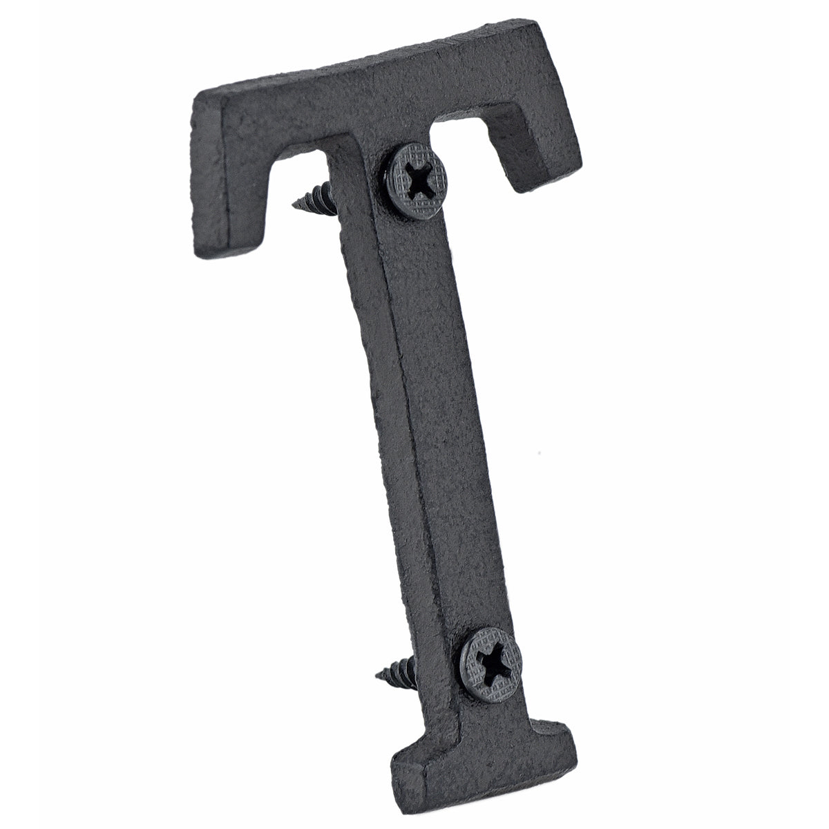 A cast iron house letter sign ‘T’ with white background 
