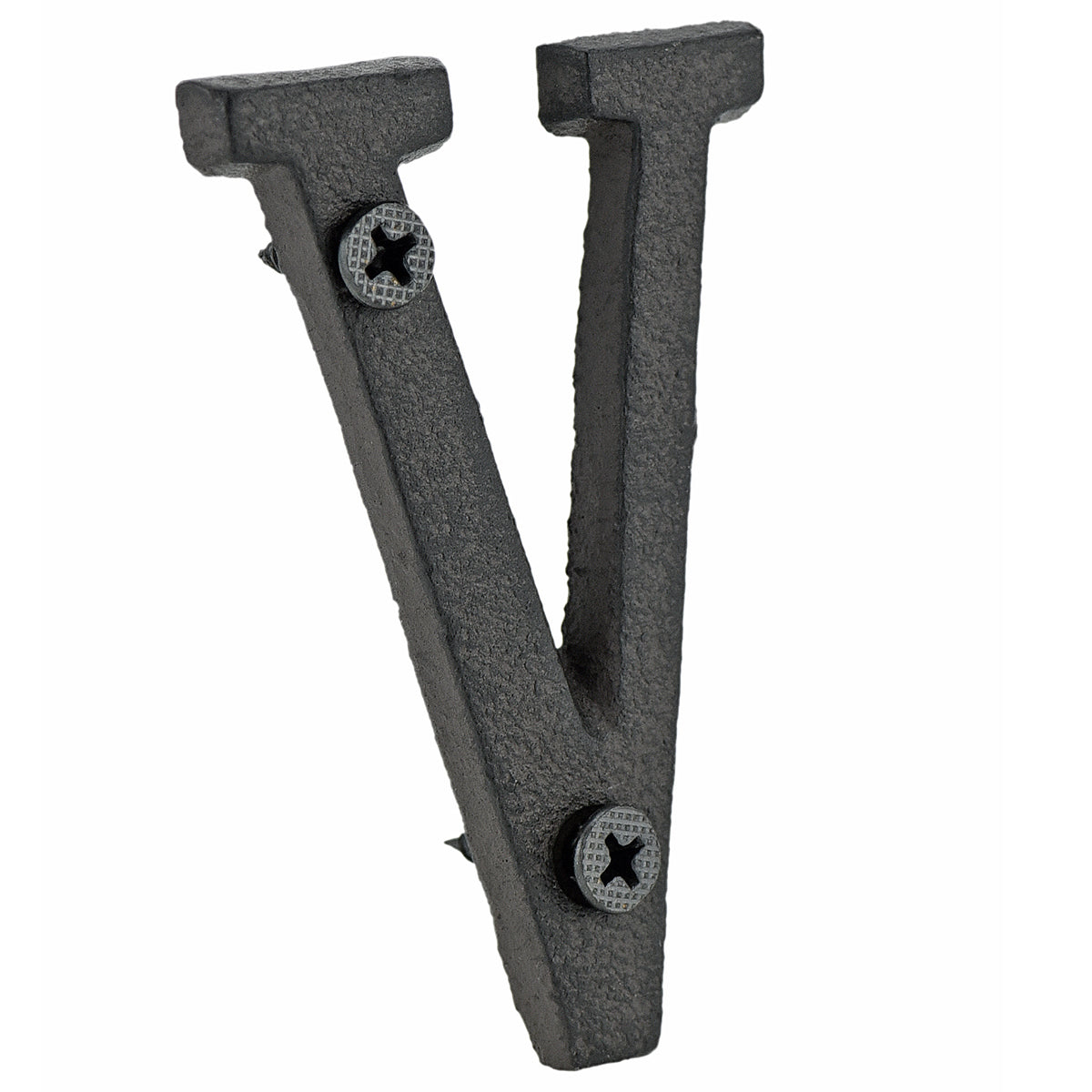 A cast iron house letter sign ‘V’ with white background 