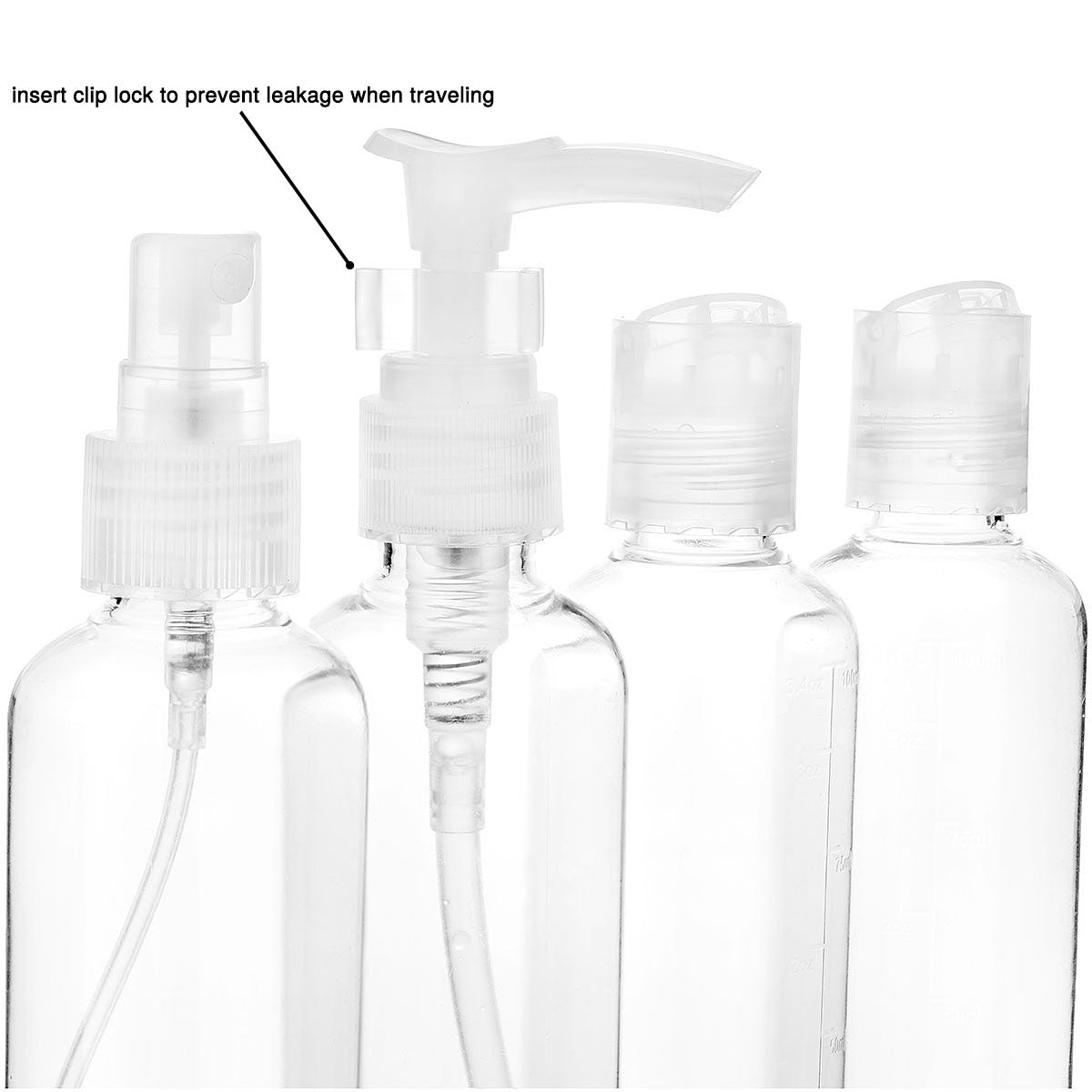 Close-up of pump and spray bottle caps labeled with leakproof features

