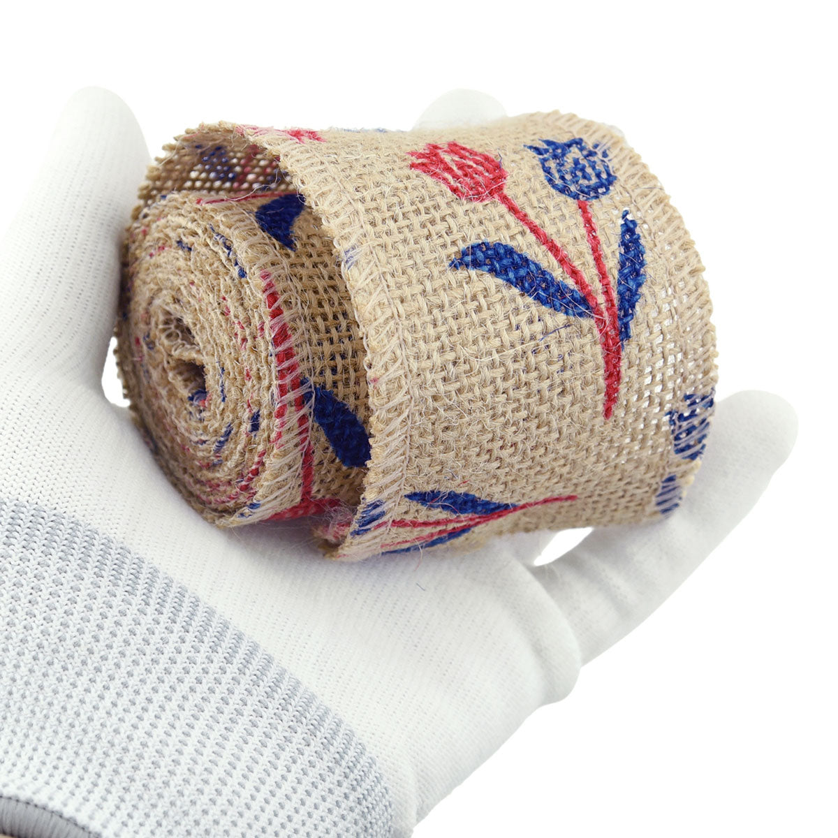 FiveSeasonStuff Natural Burlap Ribbon, Hessian Jute Ribbon Twine Roll, for Gift Wrap Packaging, Wedding Décor, Home Party Art Craft DIY Decoration (Blue & Red Flowers)