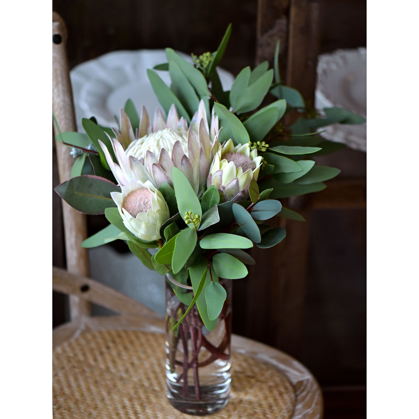 Chestnut Floral White King Protea Silk Tropical Artificial Flowers 2.5 feet Tall