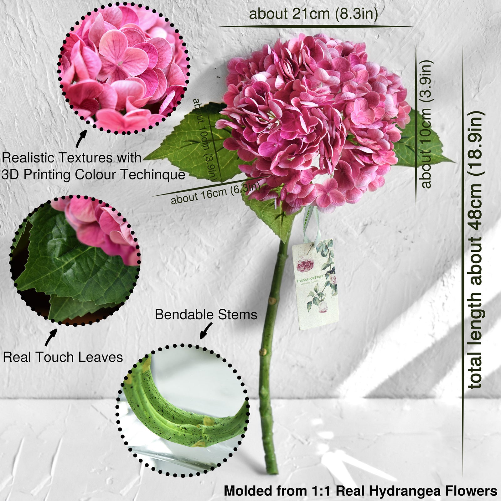 FiveSeasonStuff 2 Stems Real Touch Petals and Leaves Artificial Hydrangea Flowers Long Stem Floral Arrangement (Mixed Pink)