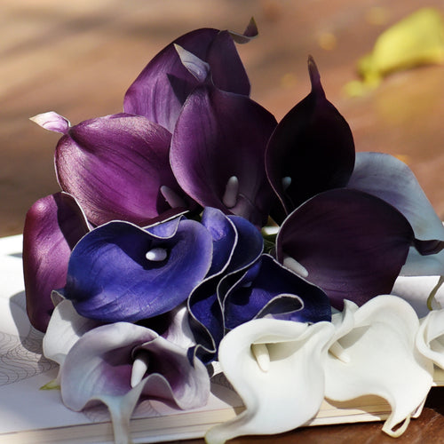 FiveSeasonStuff 15 Stems Real Touch (Purple Delight Mix) Calla Lilies Artificial Flower Bouquet, Wedding, Bridal, Home Décor DIY
